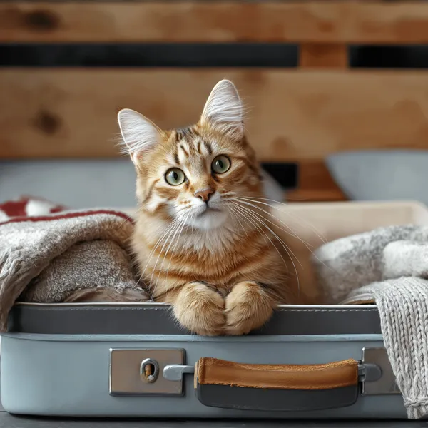 Chat assis dans une valise pour un départ en vacances garde à domicile à Nancy