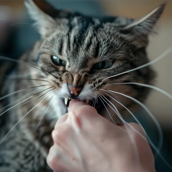 Chat agressif envers humain lors d'une interaction, morsure.