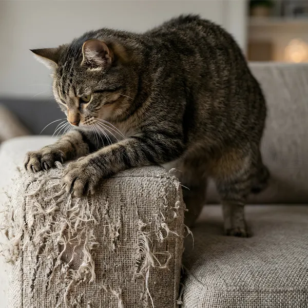Chat qui griffe le canapé dans un intérieur.