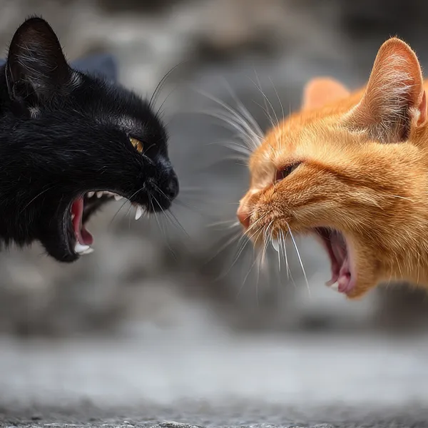 Conflit entre, chat, deux chats agressifs prêts à se battre. Conflit entre chats, attaque de chats. Consultation comportement agressif entre chats